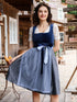Damen Trachten-Set in Blau-Grau – Samt-Jacquardrock mit Schürze und Spitzenbluse, 3-teilig